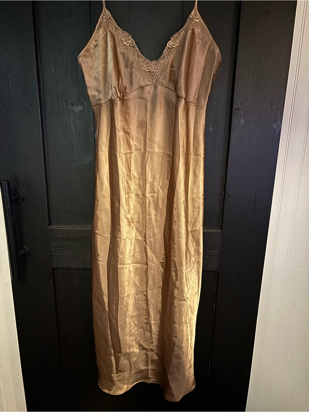 Satin Lace-Trim Slip Dress in Metallic Gold